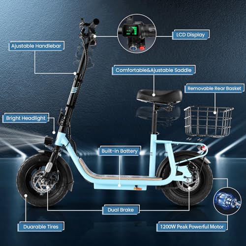 Caroma Peak 800W/1200W Electric Scooter Adults, 30 Miles Max Range, Foldable Electric Scooter with Seat, Front Suspension, Detachable Large Basket,Commuter E-Scooter for Adult and Teens