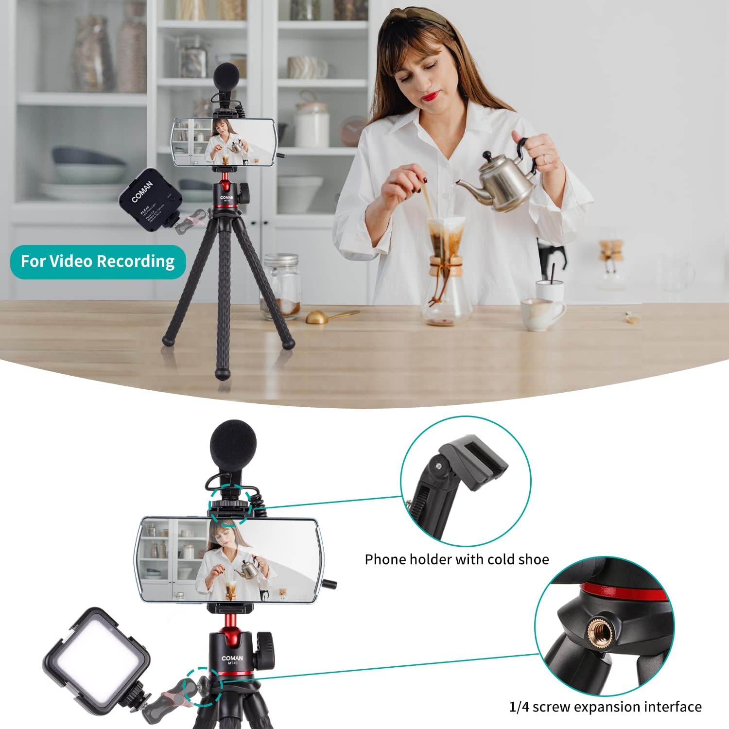 YouTube Starter Vlog Kit,COMAN Vlogging Kit Smartphone Camera 2-in-1 Tripod Stand+Microphone Light Kit,Perfect for Kids Vlogger Video Recording Fitness Yoga Tiktok
