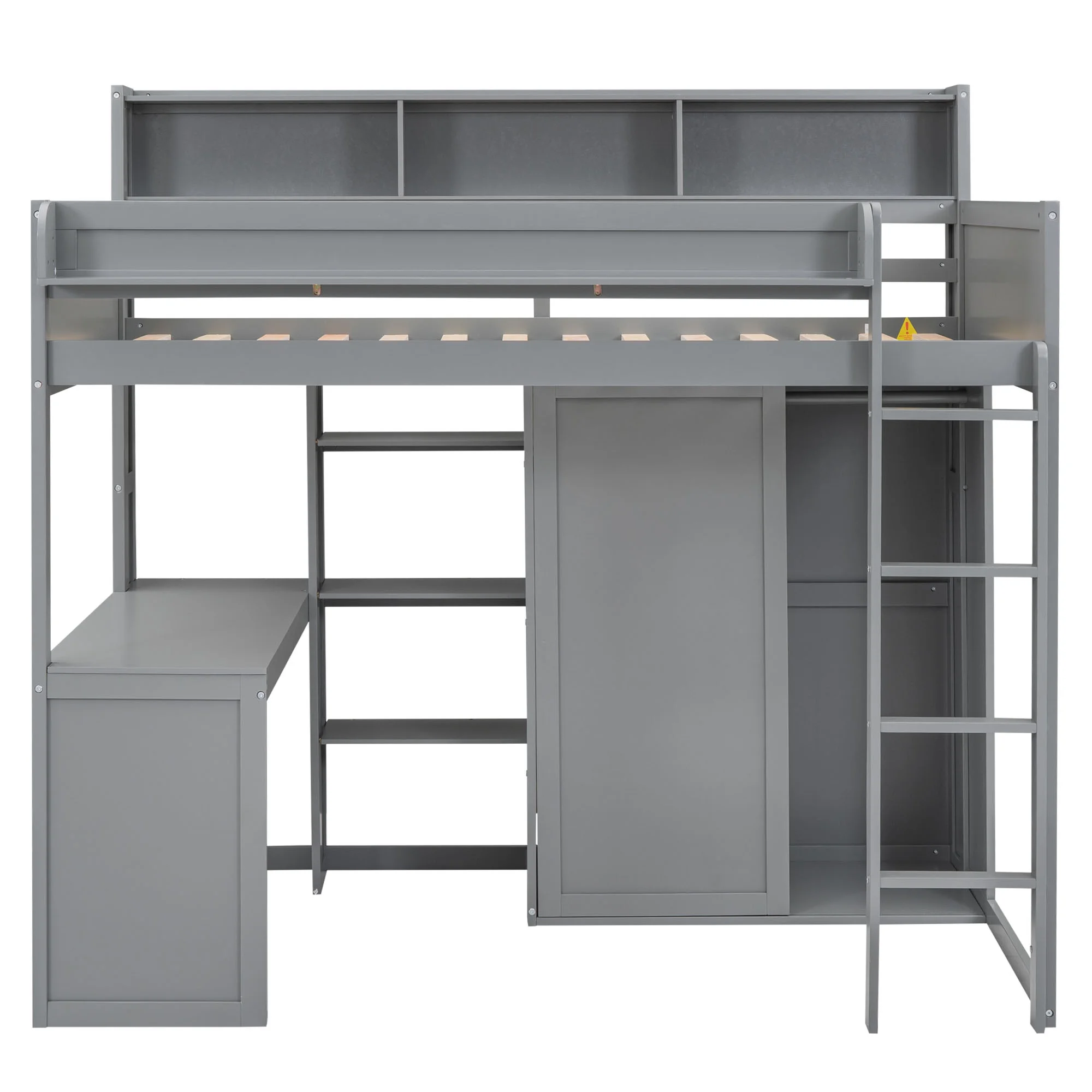 Euroco Pine Wood Twin Size Loft Bed with Desk, Wardrobe with Clothes Hanger and Display Shelves for Kids Bedroom, Gray