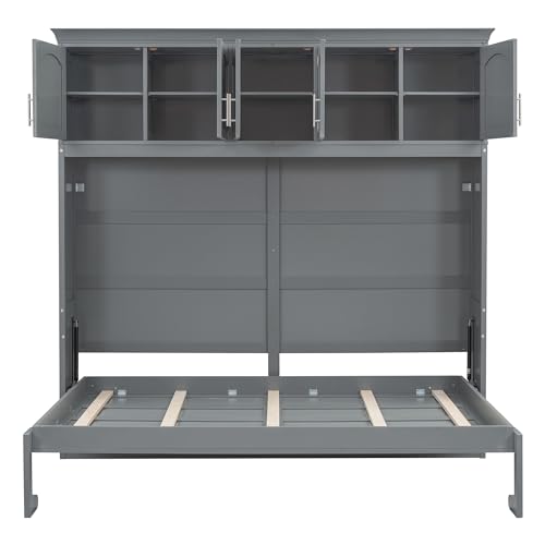 Full Size Murphy Bed with Built-in Wardrobe, 3 Drawers and 3 Open Shelves, Murphy Cabinet Bed with a Long Shelf, Bed Frame Can Be Folded Into A Cabinet, Space-Saving Design