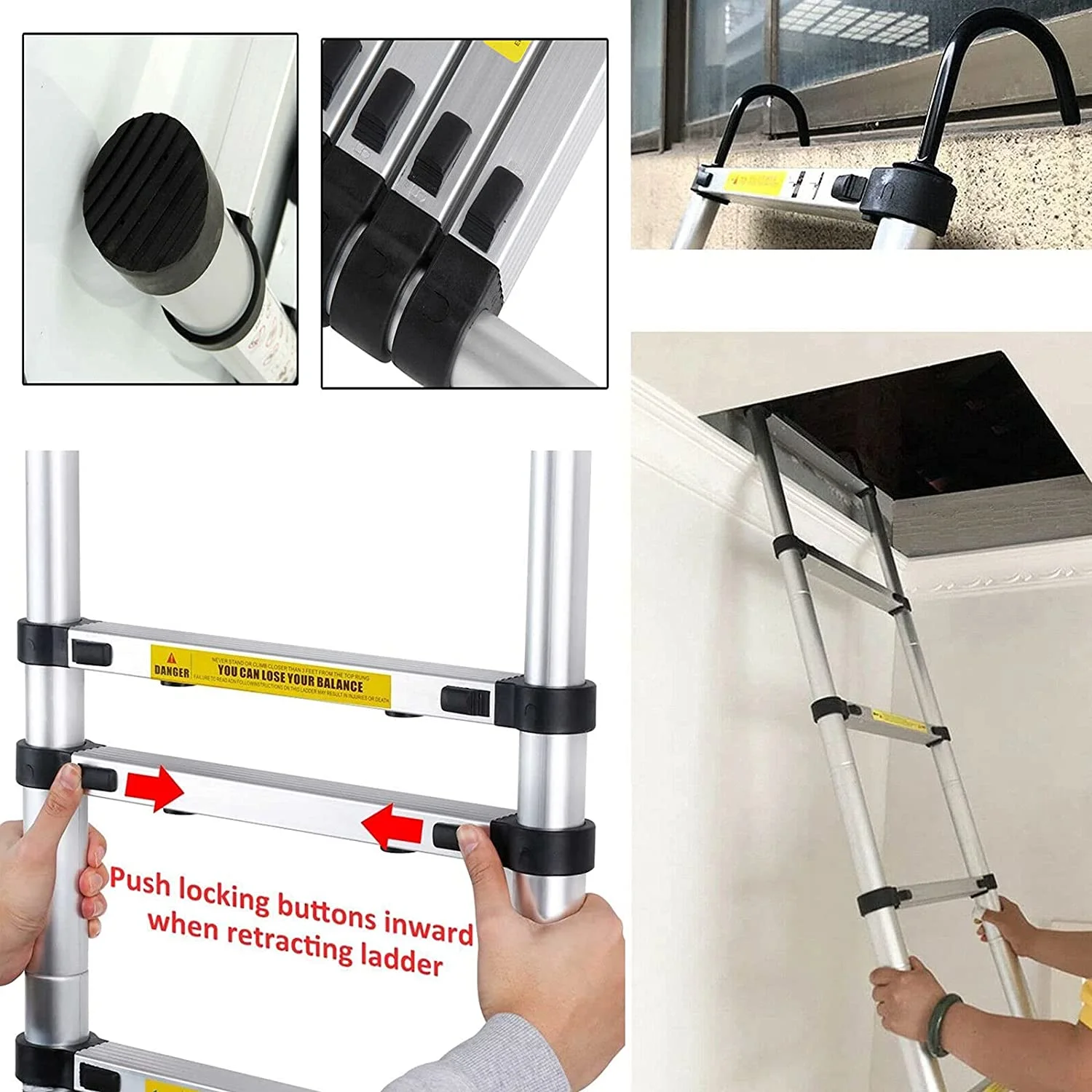 Extension Ladder 20.3ft Telescoping Ladder 2 Detachable Ladder Hooks Extendable Ladders for Home, Folding Loft Ladder Collapsible Ladder Lightweight 330lbs Max Capacity, for RV, Roofing, Household
