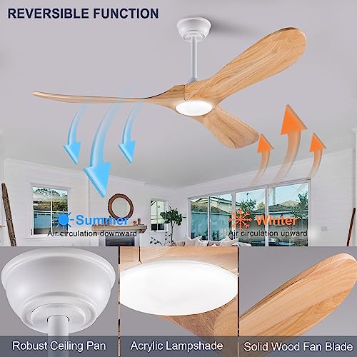 BOOMJOY 52 Inch Wood Ceiling Fan with Lights Remote Control, 3 Color Temperatures and 6 Speed Reversible Blades, Indoor Outdoor Ceiling Fan for Bedroom Living Room Study Patios