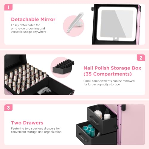 EASYINBEAUTY Rolling Portable Manicure Table with 2 Drawers, Mirror & Nail Polish Organizer, Lockable Makeup Train Case with Foldable Nail Desk, Cosmetic Travel Case for Workstation Mobile, Nail tech