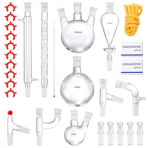VEVOR New Laboratory Glassware 24/40 Chemistry Glassware 29PCS Chemistry Lab Glassware Kit 250 1000ml for Distillations Separation Purification Synthesis 24/40 29PCS