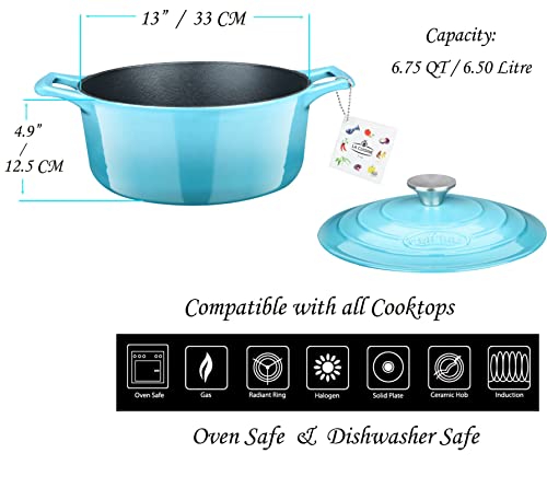 La Cuisine 6270 Enameled Cast Iron Covered Oval Dutch Oven Casserole Pot, 6.75 QT (6.5 Liter) / 13x9.8x6.3” (33x25x16 CM). Internal Cream White Enamel, Exterior 2 - tone Blue Enamel Coating Finish