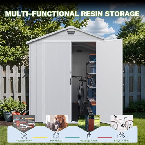 Greesum 6×8FT Plastic Outdoor Storage Shed with Floor, Resin Storaged Sheds with Lockable Double Door, Windows & Vents, All-Weather Tool Sheds for Garden, Backyard, Patio, Light Gray