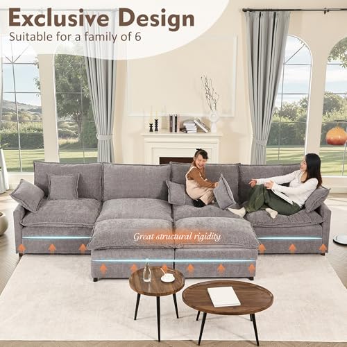 108" U Shaped Couch, Modular Sectional Sofa, 3-Seater Comfy Cloud Couch with Movable Ottoman, Deep Seat Couches for Living Room, Chenille, Black