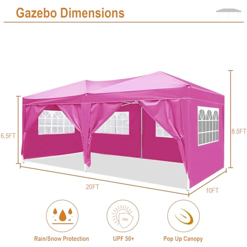 10x20 White Pop Up Canopy Tent Heavy Duty with 6 sidewalls Commercial Outdoor Party Tent Event Wedding Tents Instant Canopy Gazebo with Carry Bag UPF 50+ Waterproof Adjustable Height