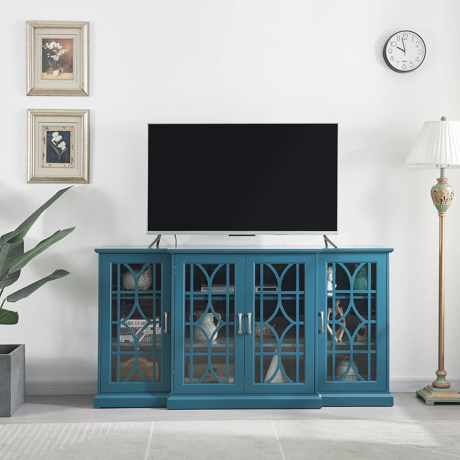 Sumdeal 63” TV Stand, Storage Buffet Cabinet, Sideboard with Glass Door and Adjustable Shelves, Console Table for Dining Living Room Cupboard, Teal Blue