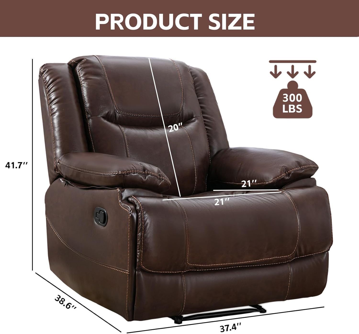 Genuine Leather Manual Recliner, Classic Traditional Reclining Chair with Overstuffed Back and Arm, Single Sofa Recliner Chair for Living Room, Bedroom, Home Theater (Brown)