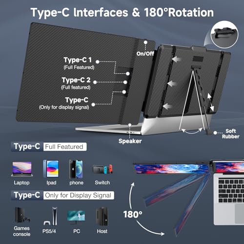 Laptop Screen Extender, 14''Portable Laptop Monitor, 1080P FHD IPS Monitor Extender, Plug and Play No Driver, for 13”-17.3” Laptop, Supports Wins/Mac/Android/Switch