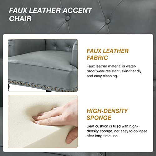 HULALA HOME Faux Leather Accent Chair with Button-Tufted Back, Comfy Upholstered Armchair with Nail Head Trim and Retro Wood Legs, Single Sofa Chair for Living Room Bedroom,SAGE