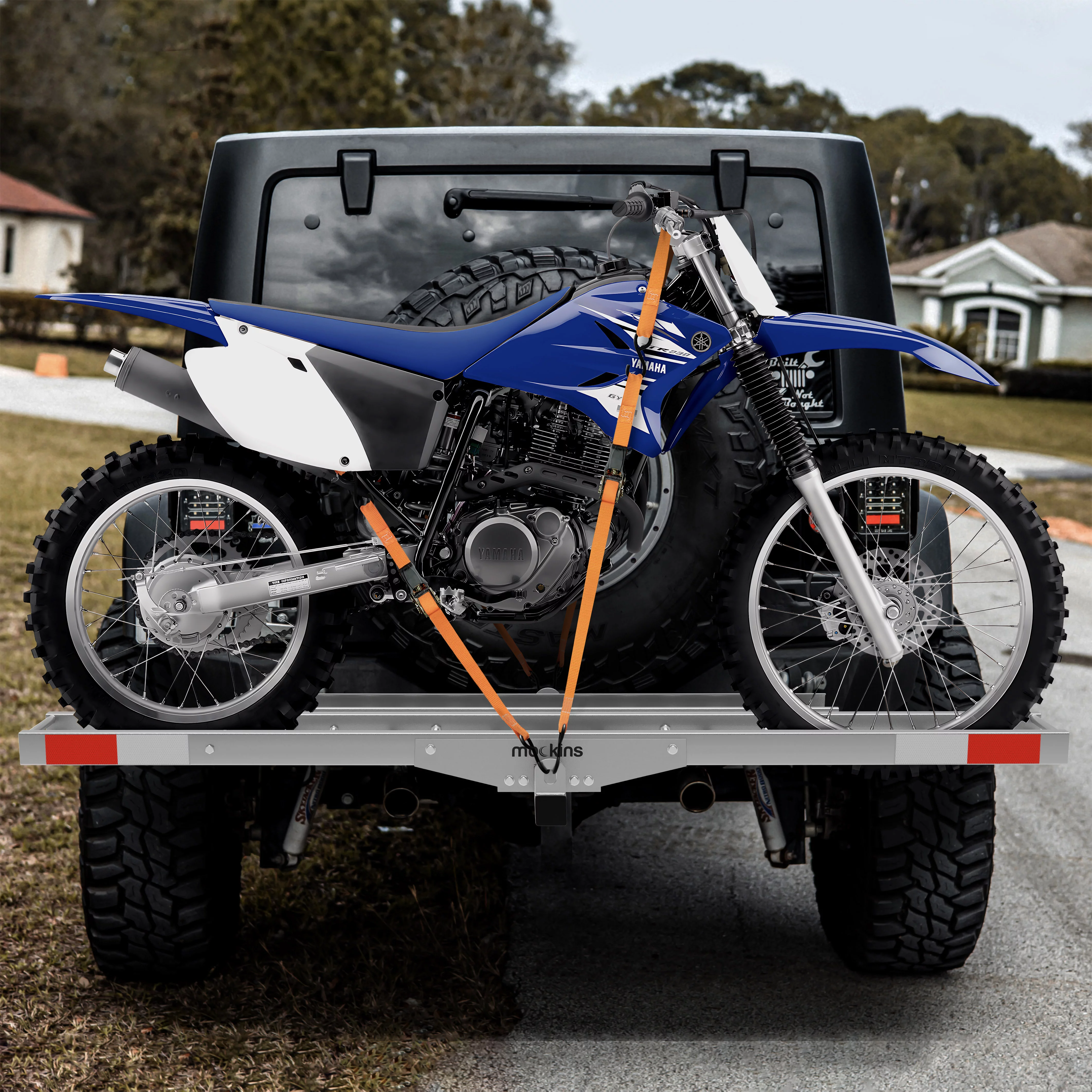 Mockins 73" Stainless Steel Dirt Bike Hitch Mount Hauler with Ramp and Accessories - Rust Proofed Hitch Carrier Supports 500 lbs.