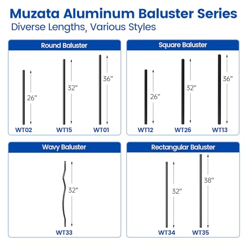 Muzata 50Pack 26" Aluminum Deck Balusters Round Black Deck Railing Stair Porch Staircase Spindles 3/4" Diameter Hollow for Wood and Composite Deck, WT02