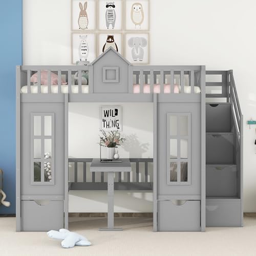 Full Over Full Bunk Beds with Stairs for Kids/Teens, Wooden Convertible Bunk Bed with 2 Storage Drawers, Down Bed Can be Turned Into Desk and Seat, White