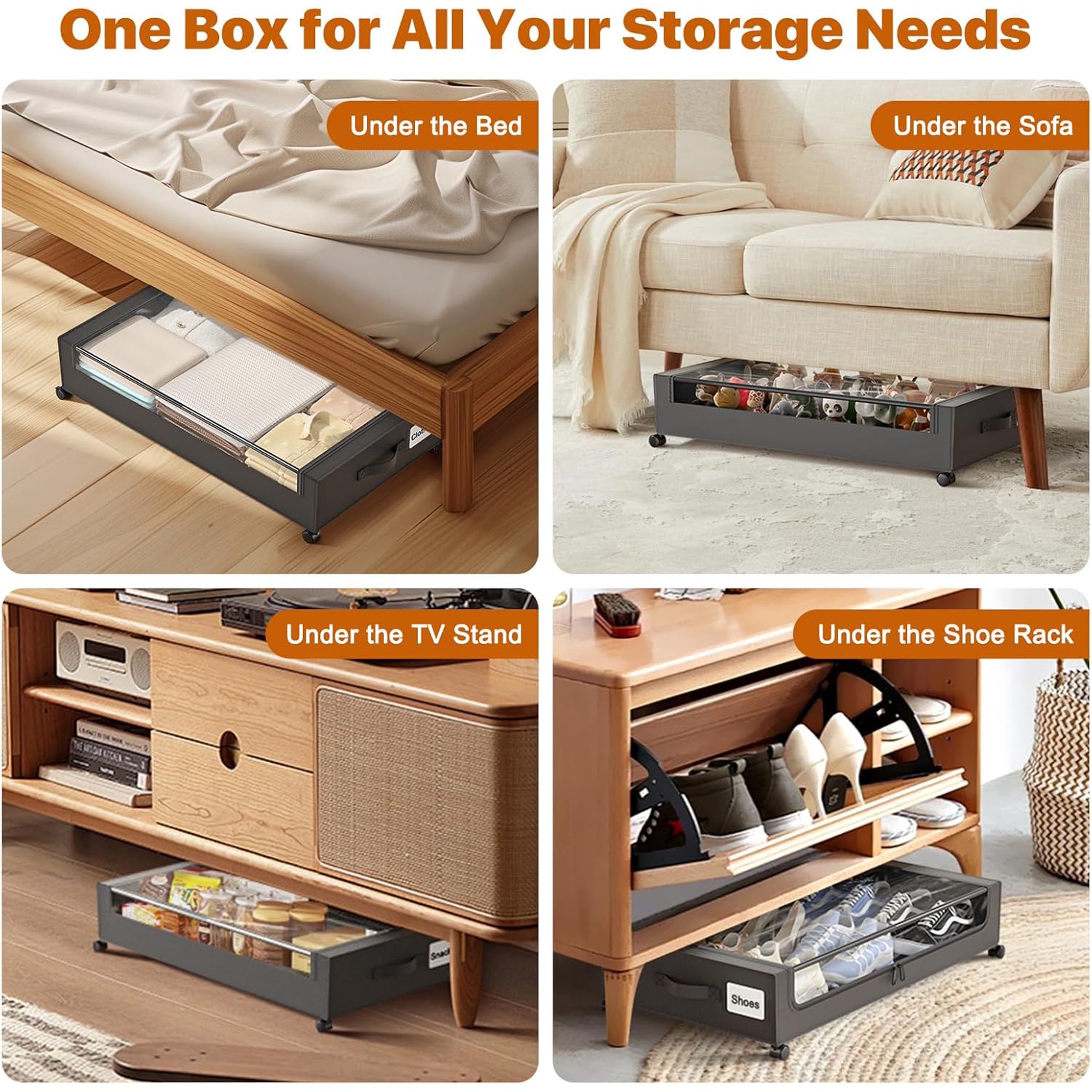 Under Bed Storage with Wheels, 4 Pack Under Bed Storage Containers with Clear Lids, XXL 60L Under-Bed Organizers for Clothes, Shoes – Durable Storage Bins with Smooth Rolling Wheels (White, 4 Pack)