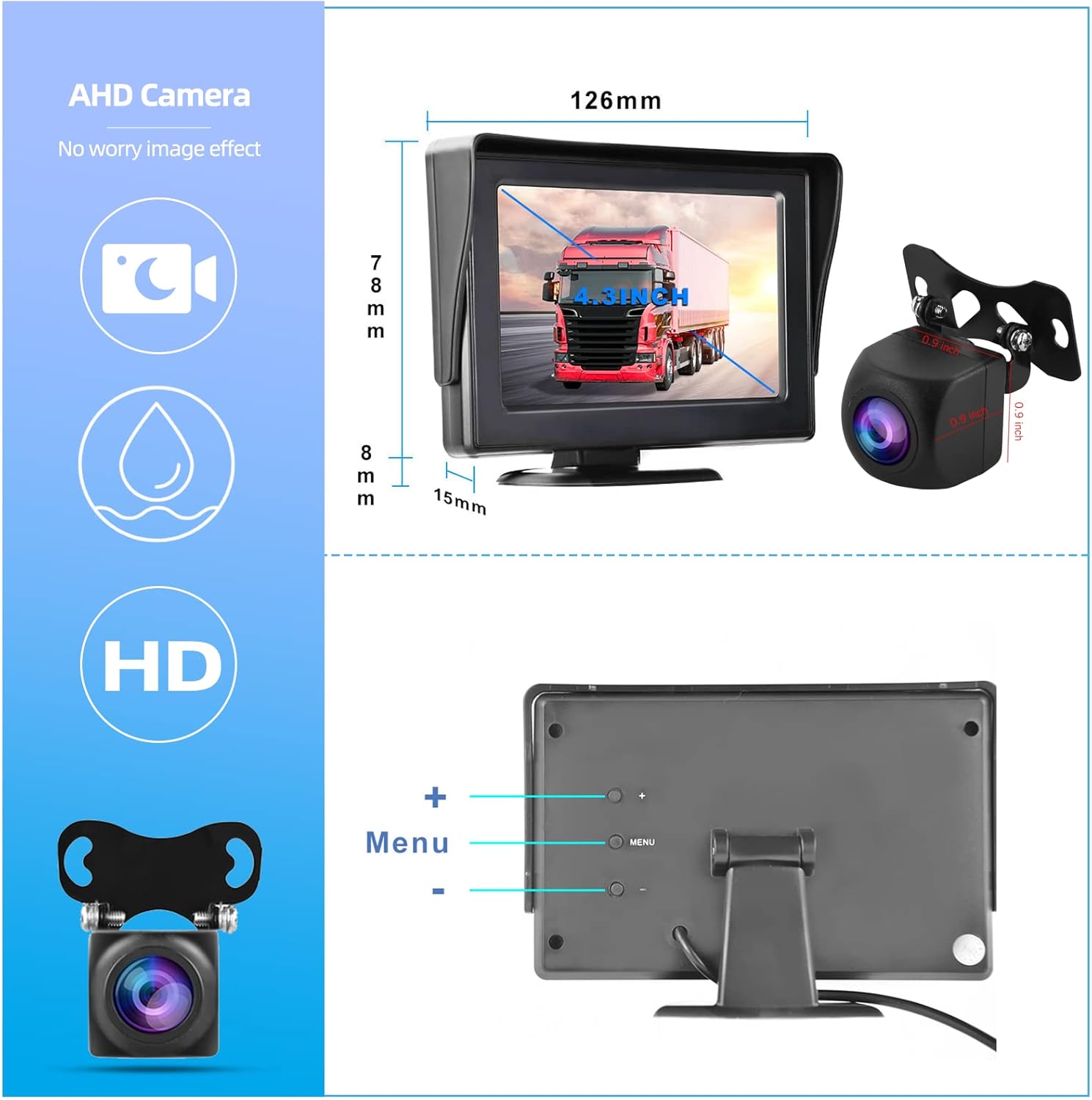Wireless Backup Camera with Monitor Kit 4.3“ Reverse System HD 1080P Rear View Camera for Trucks, Van, Camping Car, SUV, Pickup, Waterproof Super Night Vision Grid Lines Reversing Automatic Display Pack of 2