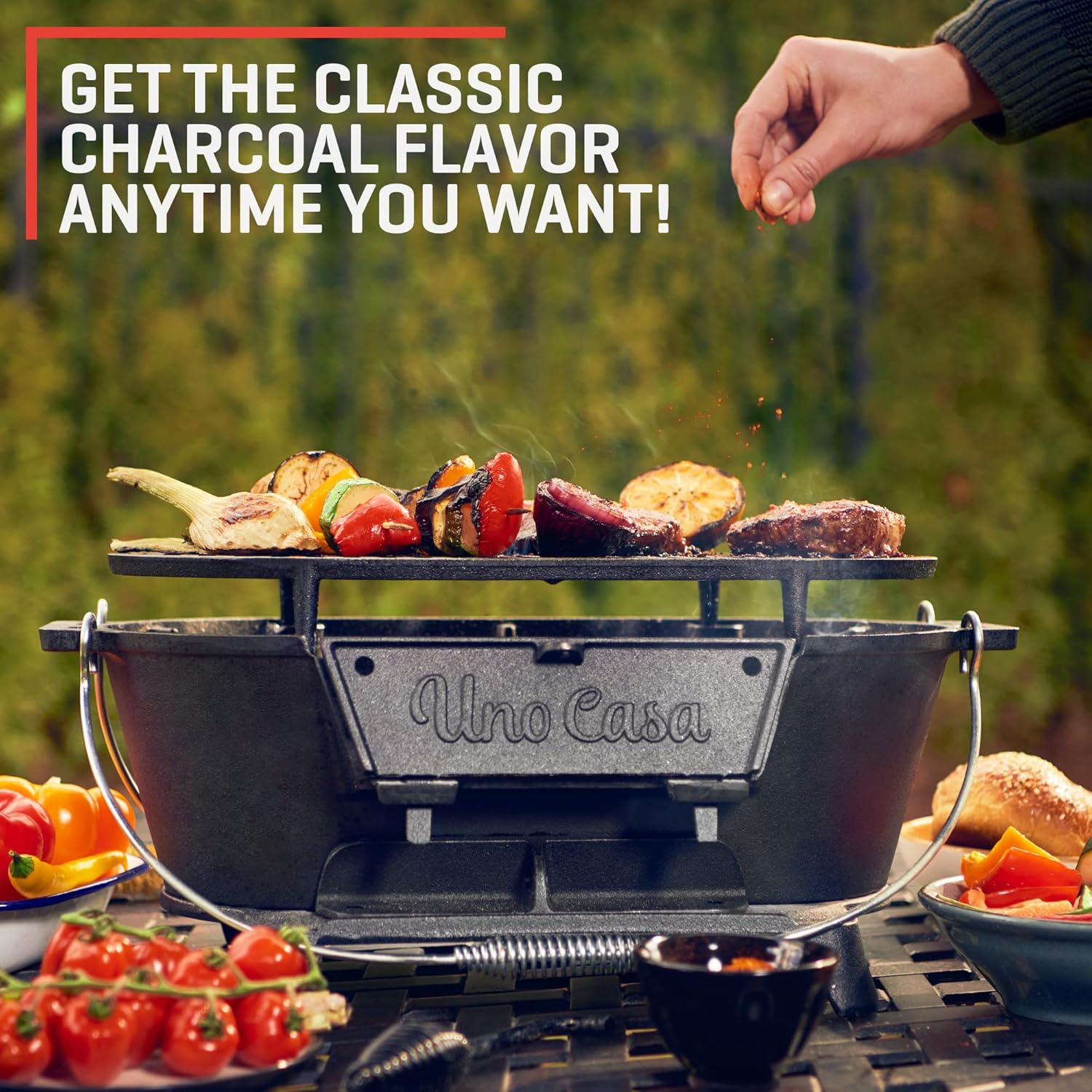 Uno Casa Hibachi Grill - Pre-Seasoned Small Charcoal Grill, Portable Charcoal Grill for Camping, Outdoors, Japanese Hibachi Grill with Double-Sided Grill Net - Waterproof Cover Included