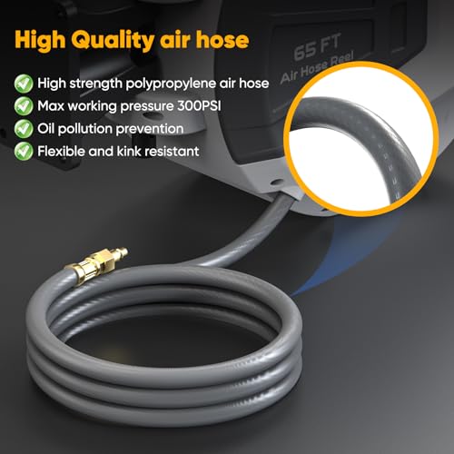 Retractable Air Hose Reel, 3/8 in x 65 Ft Heavy Duty Air Compressor Hose Reel with 180° Swivel Mount, Enclosed Auto-Rewind Hybrid Air Hose Reels Any Length Lock for Workshop Garage, 300 PSI