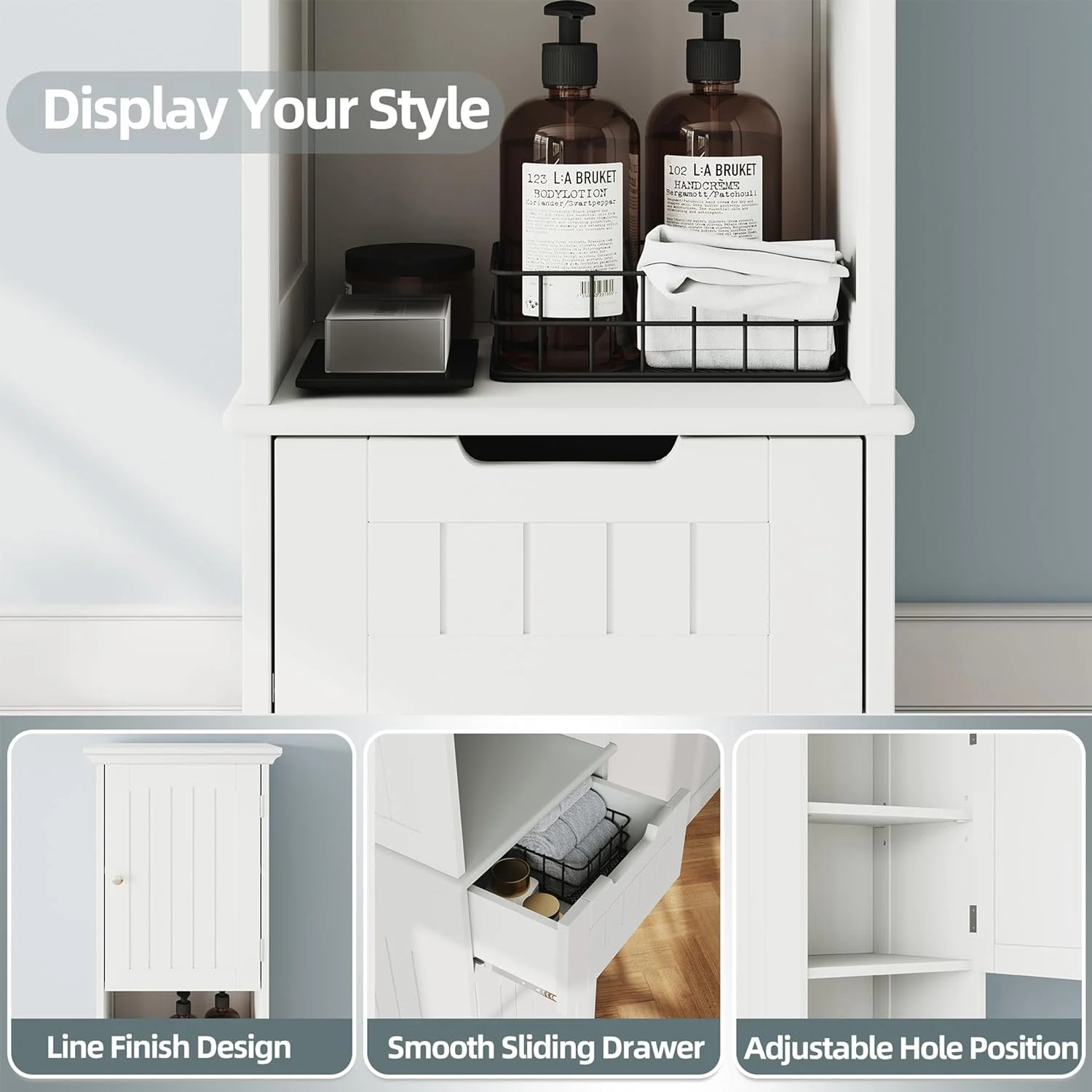 FJU 67" Tall Bathroom Storage Cabinet Freestanding with Adjustable Shelves, Narrow Storage Linen Cabinet with 2 Doors and 1 Drawers for Bathroom, Living Room, Kitchen, White.