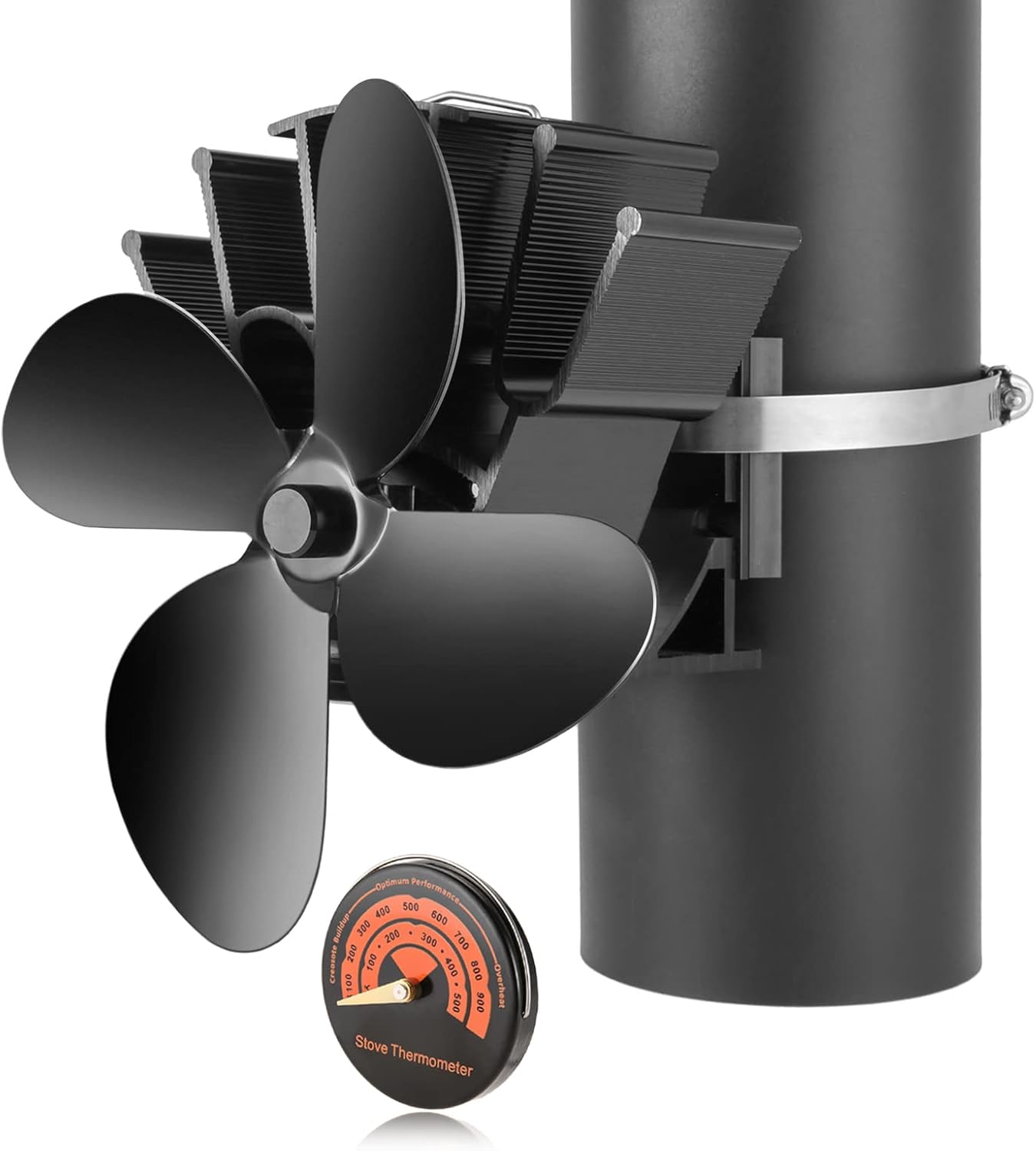 Etermeta Stove Fan, 4 Blade Pipe Hanging Fan, Heat Activated Fan for Wood Stove, with Stove Thermometer for Wood/Log Burner/Fireplace, Eco Friendly Efficiently Fireplace Fan Pack of 2