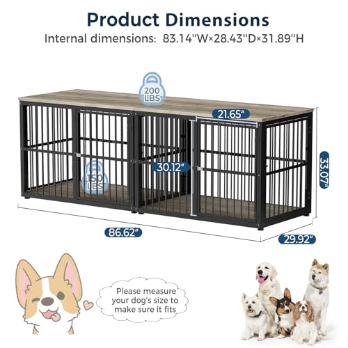 86.62''Dog Crate Furniture Large Breed TV Stand with Double Rooms,Wooden Dog Kennel Dog Crate End Table with Removable Divider for Large Medium Dogs, Can Use Separately, Brown