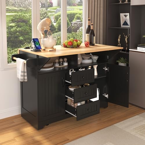 Large Kitchen Island Cart with 2 Drop Leaf, Mobile Dining Table with Storage Cabinet, Rolling Kitchen Cart with Power Outlets, 3 Drawers, Spice & Towel Rack