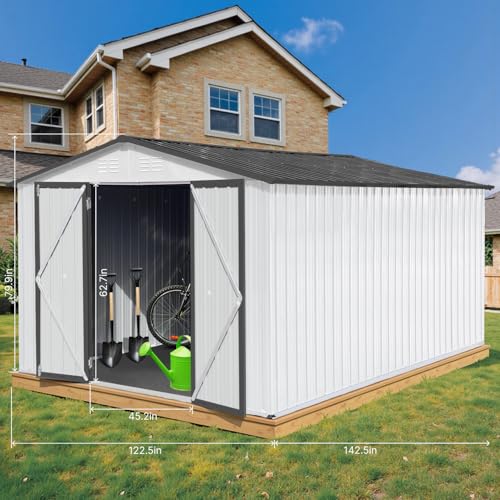 10' x 8' Large Outdoor Storage Shed, Sturdy Metal Building w/Windows & Lockable Doors for Garden, Backyard, Poolside and Lawn, Grey