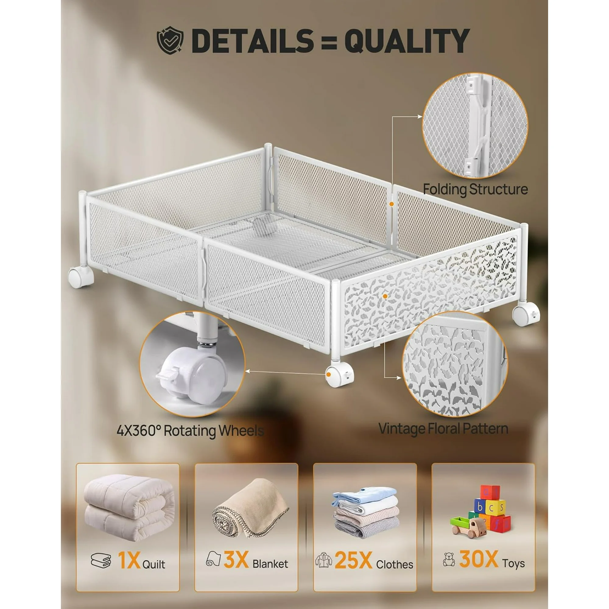 Under Bed Storage with Wheels, 2 Pack Foldable Metal Under Bed Storage Containers, 60L Rolling Underbed Storage, Easy Assembly Under The Bed Storage for Bedroom Clothes Shoes Blankets