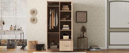 71'' Wooden Armoire with Double Doors and Storage Drawer, Modern 2 Door Wooden Wardrobe with 5 Fixed Shelves and Hanging Rod, for Kitchen, Hallway, Living Room, Bedroom (Natural-103)
