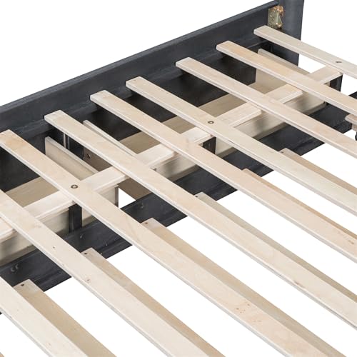 Full Size Linen Upholstered Platform Bed Frame with Twin XL Trundle and 2 Drawers Classic Headboard Design No Box Spring Required Noise Free Strong Wood Slat Support Easy to Assemble Beige