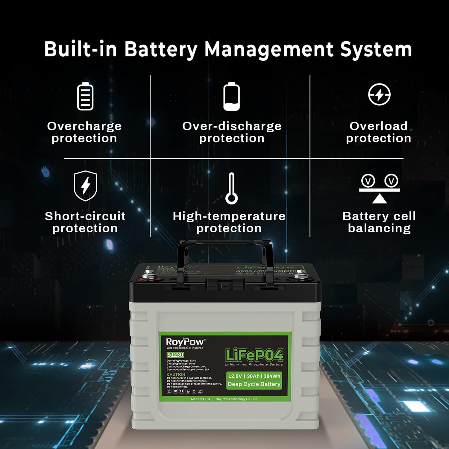 12V Lithium Battery 30Ah, RoyPow Deep Cycle LiFePO4 for RV, Solar Marine and Off-grid Applications