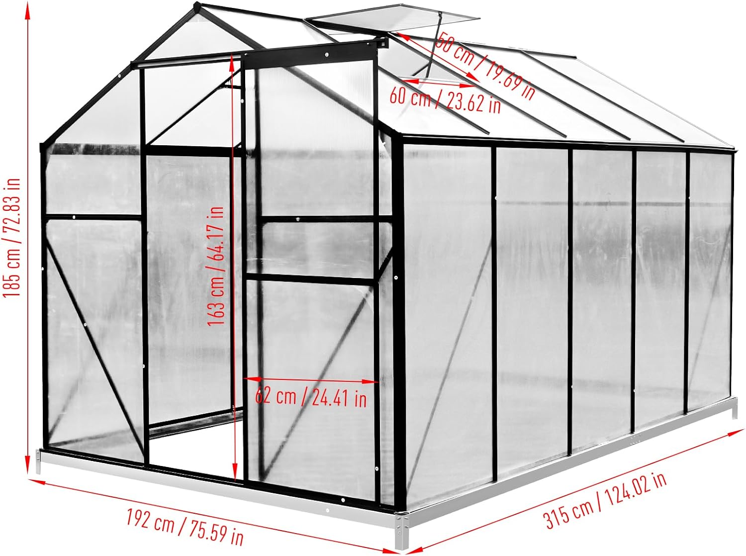 Zstar 10x6 FT Polycarbonate Greenhouses with Sliding Door and Adjustable Vent Window, Heavy Duty Outdoor Aluminum Walk-in Green House for Outdoor Garden Backyard, Greenhouses for Outdoors, Black