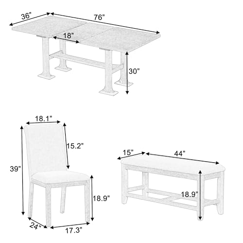 Farmhouse Kitchen Table Set with 1 Upholstered Bench and 4 Dining Chairs, 6-Piece Wood Dining Table Set for Kitchen, Dining Room, Dinette, Breakfast Nook, Grey + White