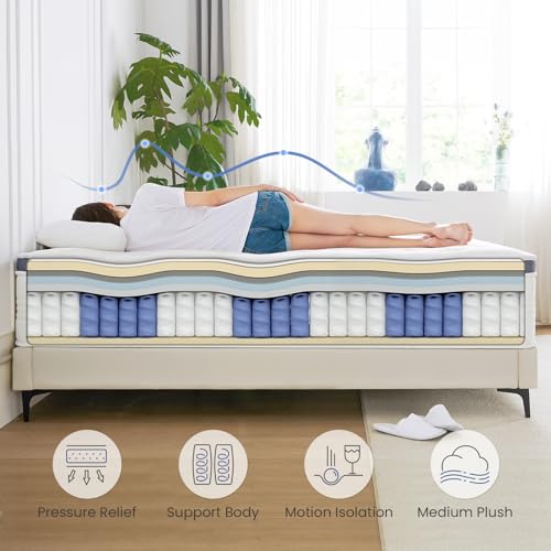 Queen Size Mattresses, 14 Inch Queen Mattress in a Box with Gel Memory Foam, Individually Pocketed Springs for Pressure Relief and Back Pain Relief-Plush