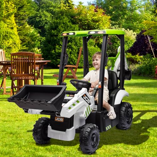 4 in 1 Ride on Tractor Truck, 12V Electric Vehicle Excavator & Bulldozer & Removable Tent, Licensed JCB Battery Powered Electric Construction Car w/Front Loader Bucket, Digger, Remote Control, Yellow