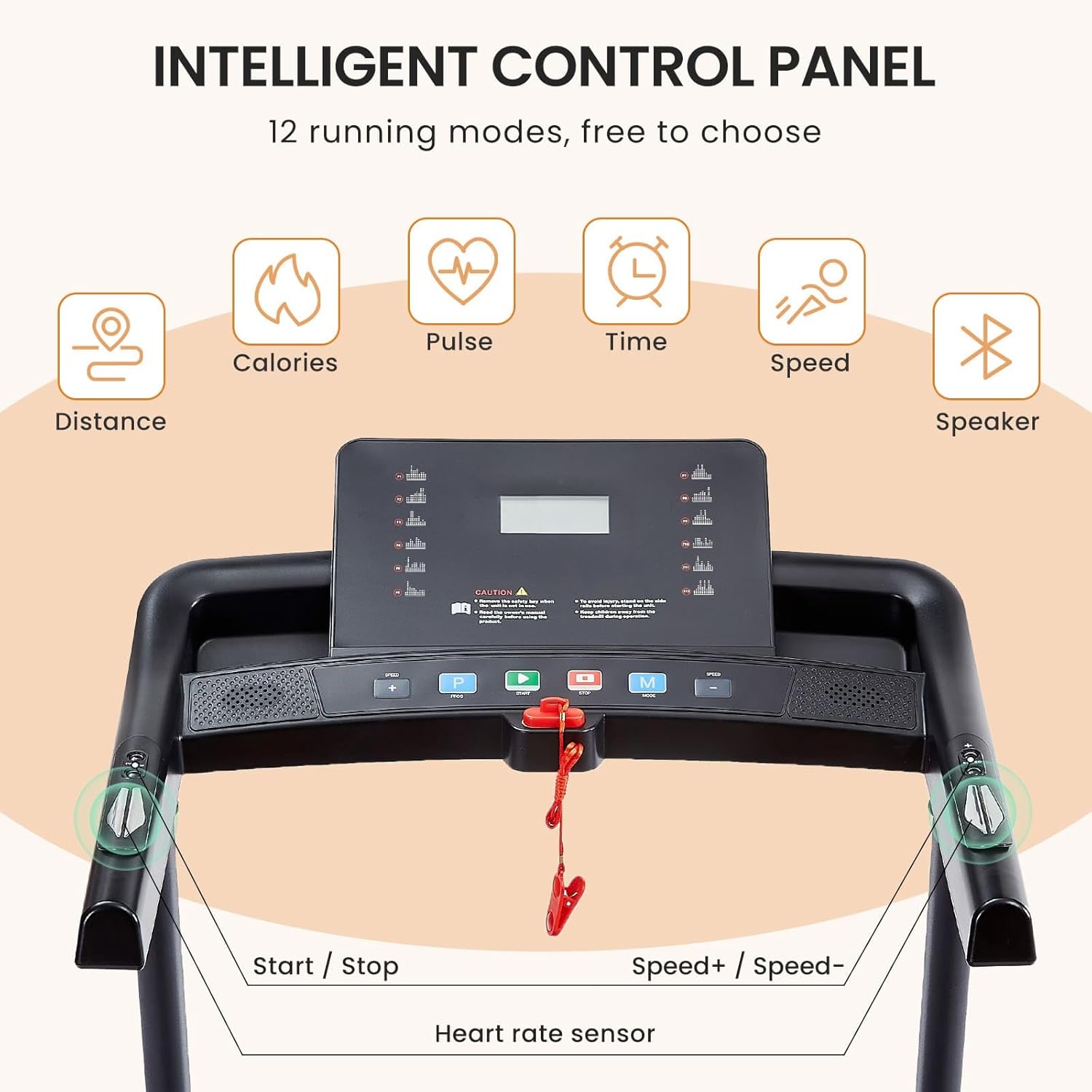 Treadmill - 2.5 HP Folding Treadmill, Easy to Move, with 3-Speed Incline Adjustment and 12 Preset Programs, 3 Countdown Modes, Heart Rate, Bluetooth, etc. Suitable for Home and Gym