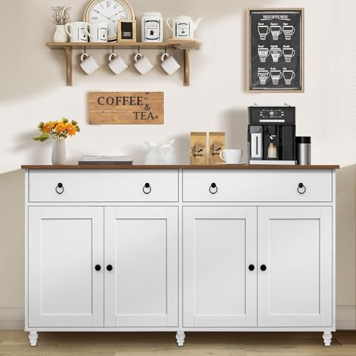 4 EVER WINNER Black Buffet Cabinet with Storage & Gourd Legs, Sideboard Cabinet with 2 Drawers & 4 Doors, Wood Coffee Bar Cabinet Buffet Table for Kitchen, Dining Room