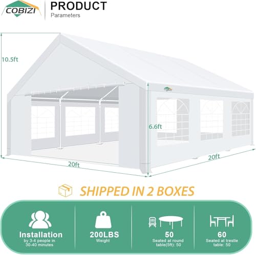COBIZI 20x40 Party Tent Heavy Duty, Galvanized Wedding Tent, Event Shelter for Parties, Outdoor with Removable Sidewall & Built-in Sandbag, Carpas para Fiestas, Large Canopy, Waterproof, White