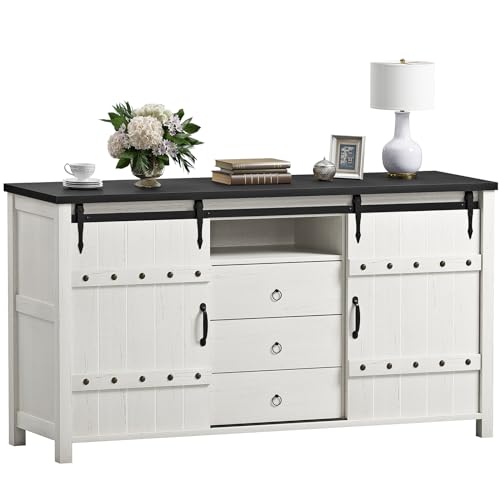 REAHOME 60" Buffet Cabinet with Storage, Farmhouse Sideboard Buffet Cabinet with Sliding Barn Doors & 3 Drawers, Wood Coffee Bar Cabinet Buffet Table for Kitchen, Dining Room, Rustic Brown