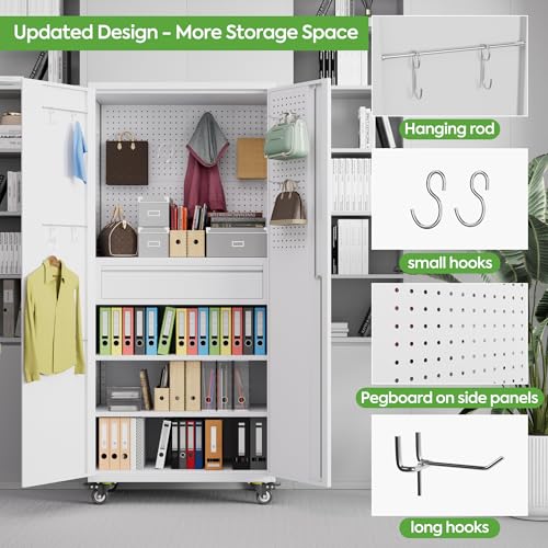 73" H Metal Storage Cabinet with Wheels, Garage Storage Cabinet with 4 Adjustable Shelves and Lockable Doors for Garage Home Office Utility Room,Required Assembly,Black