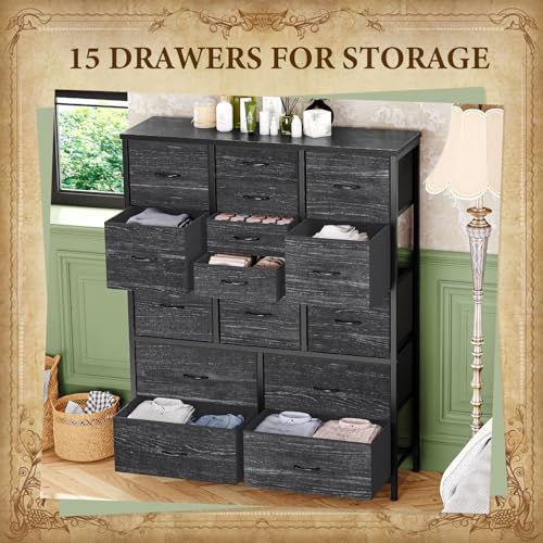 15 Drawers Dresser for Bedroom, Tall Dressers & Chests of Drawers for Hallway, Entryway, Storage Organizer Unit with Fabric, Sturdy Metal Frame, Wood Tabletop, Easy Pull Handle (White)