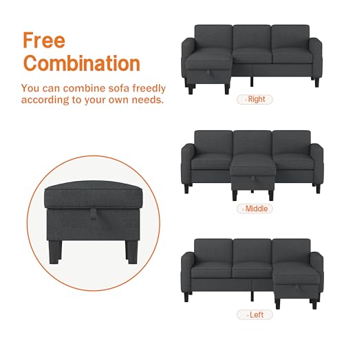 Convertible Sectional Sofa Couch, Beige 3 Seat L-Shaped Sectional Sofa with Storage Ottoman and Pockets, Modern Linen Fabric Upholstered Sofa Furniture Set for Living Room Small Space Bedroom