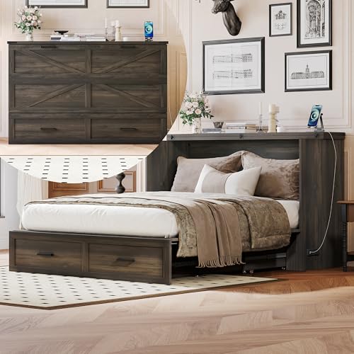 Wooden Murphy Cabinet Bed Frame with Charging Station, Full-Size Foldable Wall Bed with Large Storage Drawer for Home Apartment Limited Living Places, Space-Saving Hidden Bed No Box Spring Needed