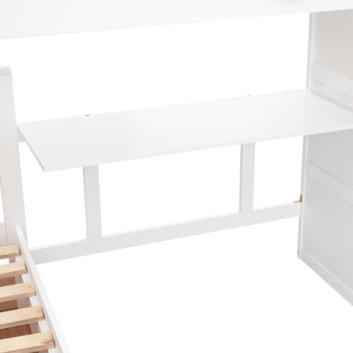 Harper & Bright Designs L-Shape Triple Bunk Beds with Stairs, Desk,Wardrobe, Wood Twin-Over-Full Bunk Bed with Storage, Shelves and Drawers, 3 Beds Bunk Bed with Staircase for Kids Teens, Espresso