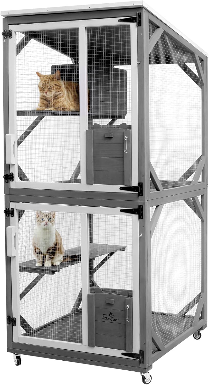 GEGURI Large Cat House Outdoor Catio Enclosure, Indoor Wooden Kitten Cage with Upgraded Resting Box, Waterproof Roof