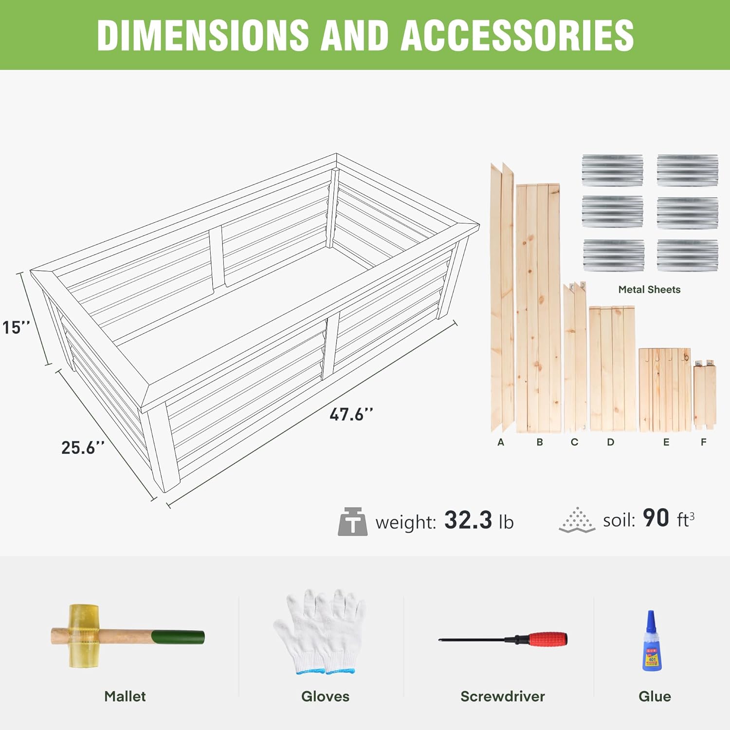 Wood Garden Raised Bed Outdoor 4X2X1.2 FT Plant Box Planters for Outdoor Plants with Galvanized Metal for Herbs Vegetables Flowers Great Patio Deck Balcony