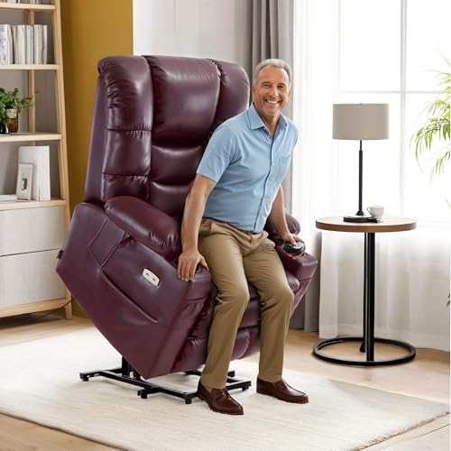 MCombo Large Triple Motor Power Lift Recliner Chair with Massage and Dual Heating, Adjustable Headrest for Tall Elderly People, Faux Leather 7634 (Dark Brown, Large)