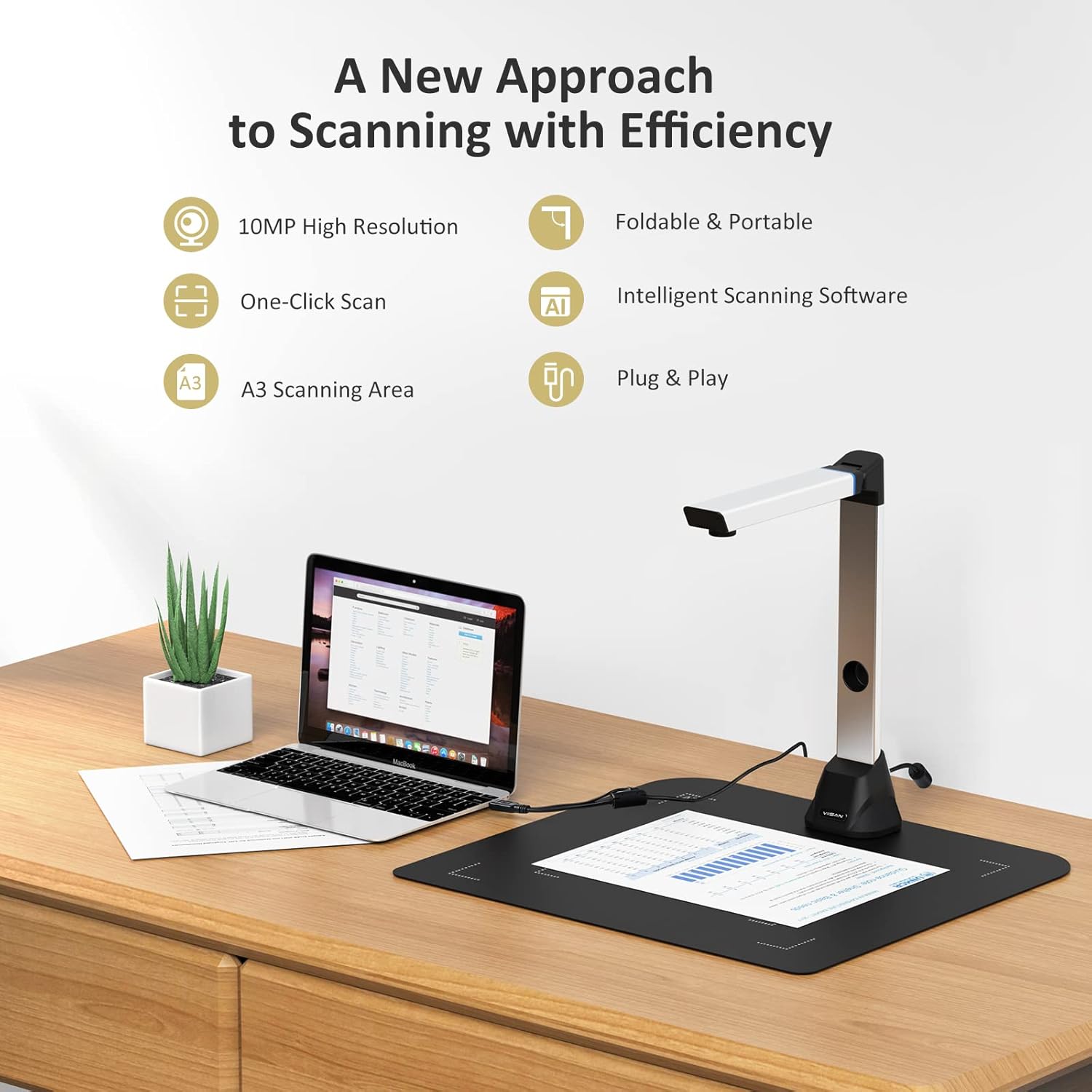 Ultra High Definition 10MP Document Camera/Webcam - VIISAN Document Scanner with 100+ Languages OCR Tech, Capture Size A3 for Remote Teaching & Live Demo, Plug and Play USB Scanner for Windows, Mac OS