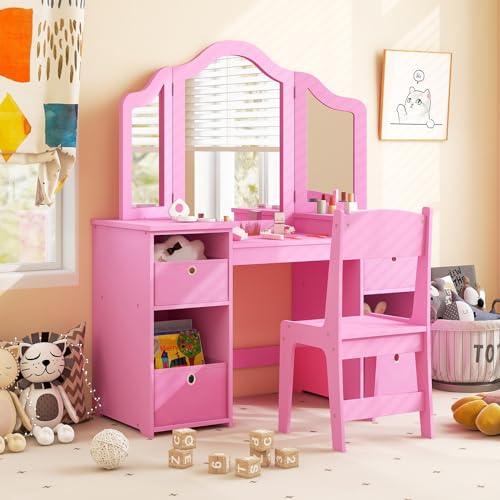 Costzon Kids Vanity, 2 in 1 Princess Makeup Desk Dressing Table with Detachable Top, Toddler Vanity with Tri-fold Mirror & Storage Shelves, Pretend Play Vanity for Little Girls, White